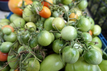 close-up village tomatoes in a bowl, hormone-free and non-GMO tomatoes,