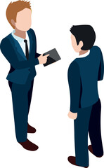 Businessman showing tablet to office manger. Work conversation