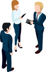 Office colleagues with tablets. Isometric business persons talking