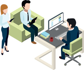 Fototapeta premium Office workers doing report to manager. Isometric scene