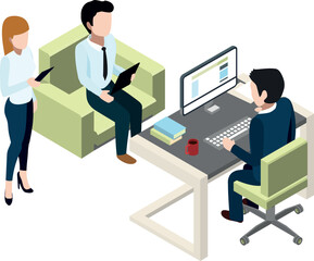 Office workers doing report to manager. Isometric scene