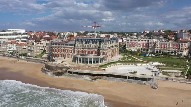 hotel du Palais beside the Atlantic beach in the resort town of Biarritz aerial 