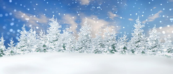 beautiful winter landscape blue sky trees covered by snow,snowflakes fall Christmas wonderland