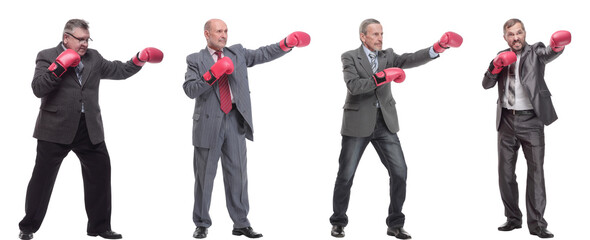 collage of businessmen in boxing gloves isolated