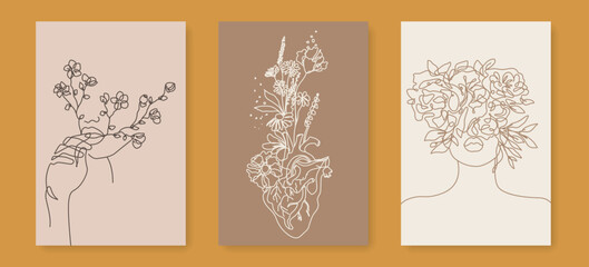 Modern Abstract Line Art Creative Floral Wall Art Set. Floral Artistic Backgrounds with Woman Face and Flowers Line Art Style for Wall Decor, Postcards or Covers, Prints, Posters. Vector Illustration. © Наталья Дьячкова