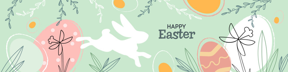 Happy Easter banner. Trendy Easter design in pastel colors. Modern minimal style with hand drawn leaves, eggs and plants. Best for invitations, greeting cards and advertising needs. 