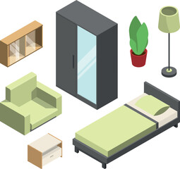 Bedroom furniture set. Modern home isometric elements