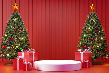 Christmas and Happy new year with Christmas tree, gift box with decoration on red background, 3d rendering illustration