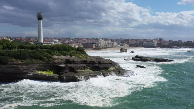 View from the sky Biarritz lighthouse atlantic ocean waves breaking on rocks