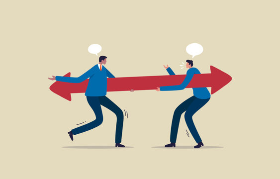 Choices And Finding Or Choosing The Right Path. Different Business Direction Or Team Conflict. Two Businessman Holding Arrow Running In Opposite Position. Illustration