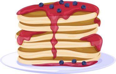 Pancakes stack with currant jam blueberry decor on serving plate vector flat illustration
