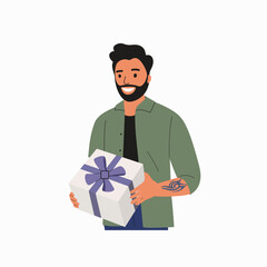 Happy smiling man is holding a gift box with ribbon. Vector flat cartoon  illustration