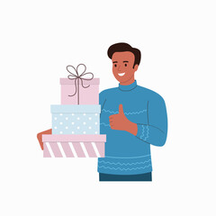 Happy smiling man is holding a  gifts boxes. Vector flat cartoon  illustration