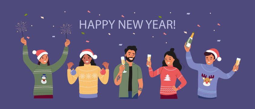 Happy young women and men with glasses with champagne, bottle of champagne, Bengal light, christmas balls.  Happy new year. Flat style cartoon vector illustration.