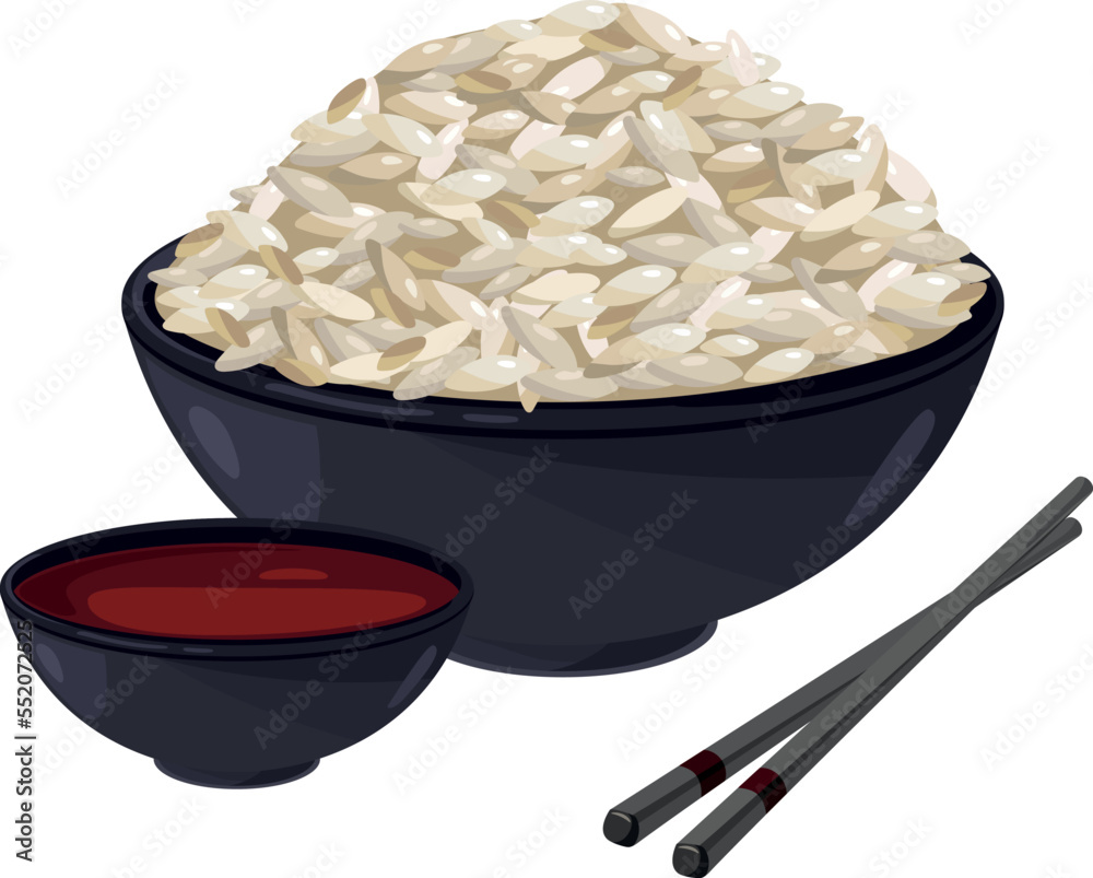 Poster asian food. rice bowl with soy sauce and chopsticks