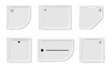 Shower tray for bathroom floor interior top view set realistic vector illustration