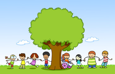 Naklejka premium Children hold hands on meadow with tree in summer