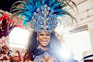 Black woman, samba dancer and smile for festival, concert or party performance at New Year event....