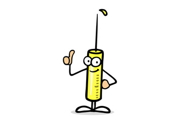 Syringe with vaccination against coronavirus holds thumbs up