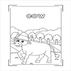 A spotted cow, a bull and a small calf, a black and white vector illustration in cartoon style for a coloring book