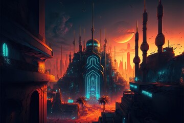 Futuristic night neon cityscape with traditional Arabic architecture. Neon illumination of the city, reflection of light, moon. City with towers and skyscrapers. AI
