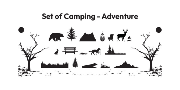 Set of vintage camping travel event, tourist tent, forest, camp, tress, outdoor adventure vector illustration