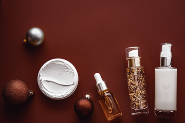 Beauty products and Christmas, luxury skincare, spa and cosmetic hair or body care product flat lay...