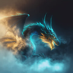 Illustration of dragon in the colourful glow, mist and fire. AiI generated content