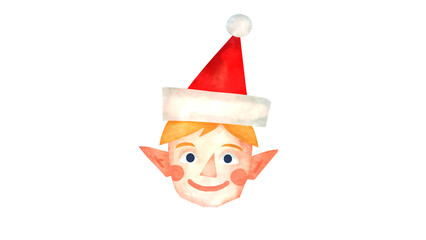 赤い帽子をかぶったクリスマスエルフの顔の水彩風背景透過イラスト
