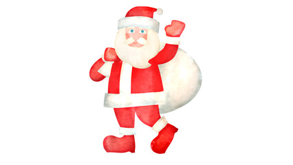 プレゼントが入った袋をかつぐサンタクロースの水彩風背景透過イラスト