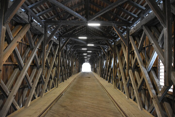 Interior of Covered Wooden Bridge Connecting Switzerland and Liechtenstein