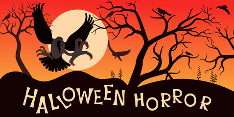 Orange horizontal halloween banner with scary forest and monster crows