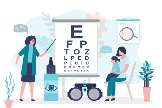 Doctor checks small child vision by snellen chart. Mother with daughter on exam at ophthalmologist. Instruments for eye examination. Ophthalmology, eyesight check, healthcare.