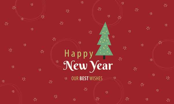 Happy new year greeting card. Full frame background with sparkling stars and Christmas tree. Red background with green and white decor in abstract and drawing style. Cute and trendy. Our best wishes.