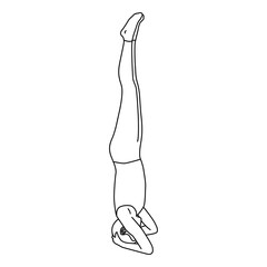 Line art of woman doing yoga in headstand pose vector. girl doing upside down exercise.
