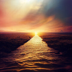 A fantasy concept art of a water road with a cinematic vibrant sunset sky. Warm and welcoming path of water. 