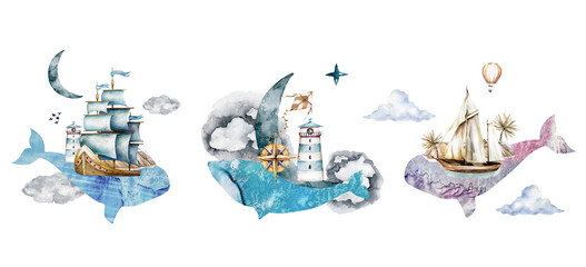Whale in the clouds with the moon, a lighthouse and a compass on its back watercolor illustration on a white background. Kite, signs and symbolism. Night sky © Anna Terleeva