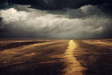 Dry old deserted road in the middle of a desert. Cracked highway. Stormy clouds. Horror landscape. 