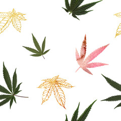 Marijuana watercolor seamless pattern with natural cannabis leaves. Cannabis golden leaves. Cannabis branch illustration. Medical marijuana. Weed set