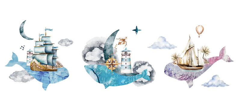 Whale in the clouds with the moon, a lighthouse and a compass on its back watercolor illustration on a white background. Kite, signs and symbolism. Night sky