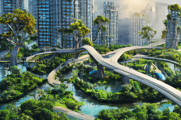 eco green ecology City of the future, forests, rivers, skyscrapers and towers, environmental architecture