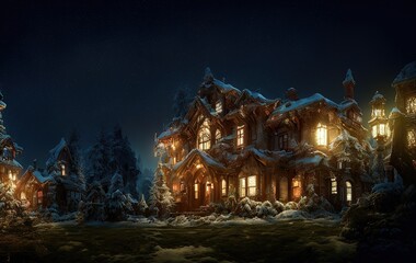 house and trees in the snow at night in generative AI