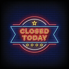 neon sign closed today with brick wall background vector illustration
