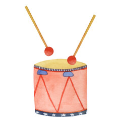 Watercolor usa independence fourth july day celebration flag colors drum with drum sticks illustration