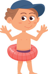 Happy boy with inflattable donut. Cartoon kid in summer