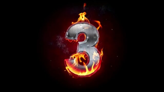 Burning metallic number. Fiery font. Real fire flame, sparkles and smoke in slow motion isolated on black background.