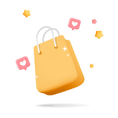 3d vector cartoon render online shopping flying yellow paper gift bag with social media like symbol banner design
