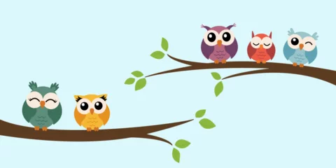 Fotobehang Uiltjes Five cute colorful vector owls are sitting on a tree branch. Wall decor, wall art sticker, banner, home decoration  © Nadia Bolotnikova