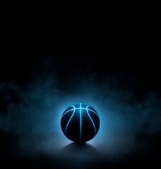 Fototapeta black basketball with bright blue glowing neon lines on black background with smoke. 3d render obraz