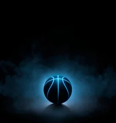 Muurstickers black basketball with bright blue glowing neon lines on black background with smoke. 3d render © Retouch man